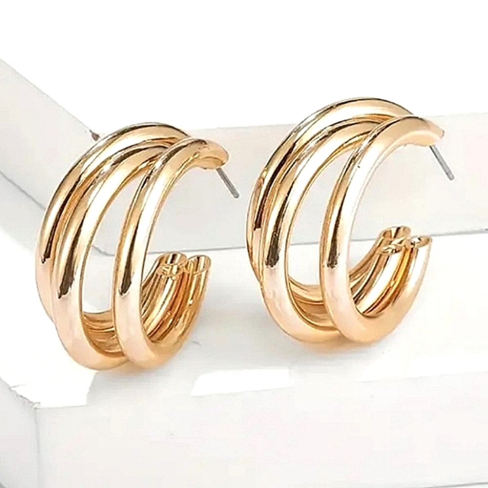 Gold Tri Hoop Earrings For Pierced Ears NEW Fashion Jewelry. 1 1/4" Diameter